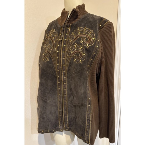 Bob Mackie Jacket Wearable Art Lrg Brown Leather/Knit Western Embroidered Zip - Picture 10 of 14